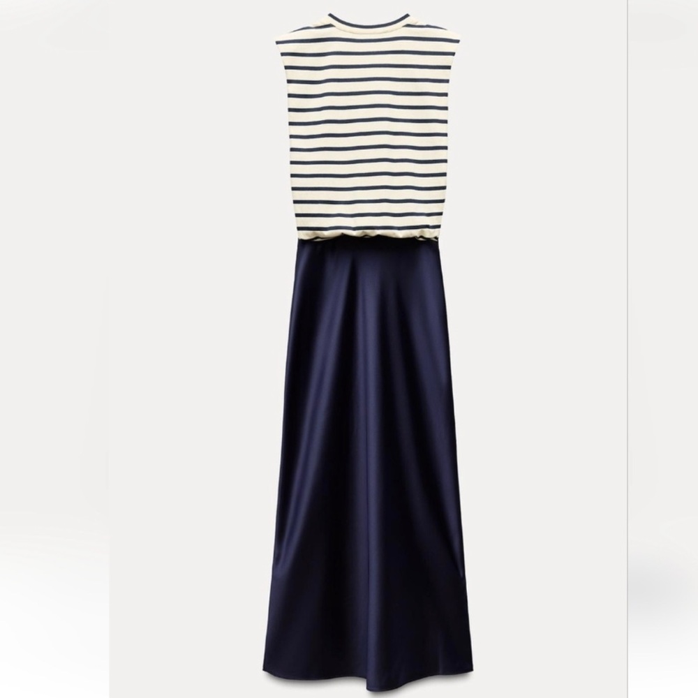 Zara Dress Womens S Small Navy Cream Stripe Satin Contrast Padded Shoulders Midi